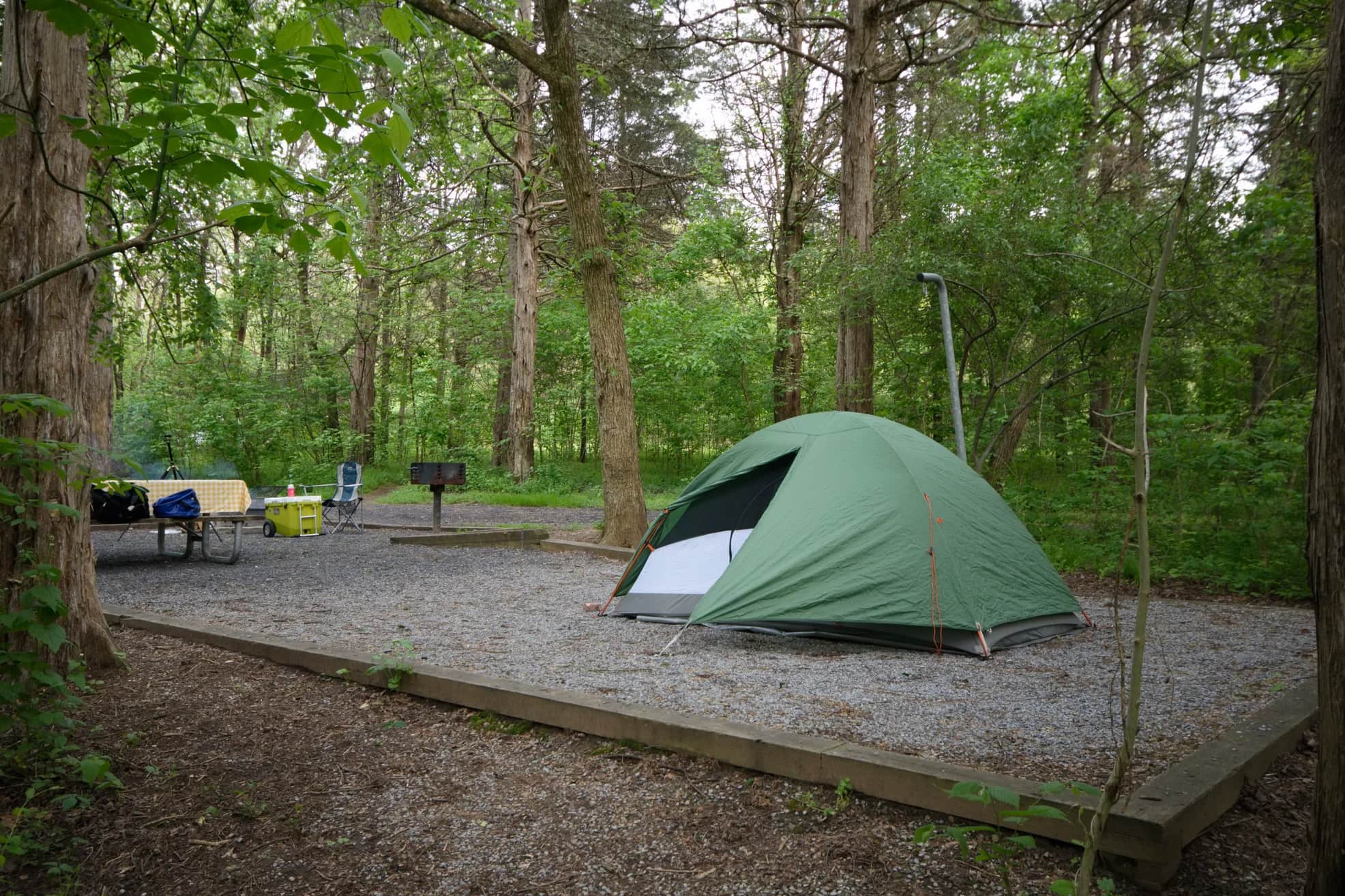 Green tent set up on gravel platform in forested campsite.