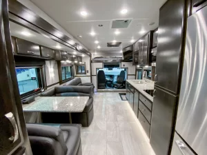This completed ShowHauler interior shows the front cutaway that provides access to the cab.