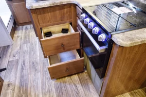 Galley drawers incorporate full-extension roller-bearing slides.