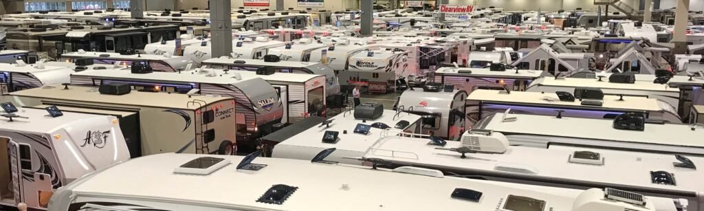 The roofs of RVs crowed into the Hersey PA RV show