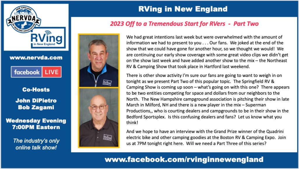 2023’s Hot Start Topic of Tonight’s ‘RVing in New England’