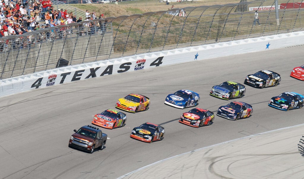 Cars on the track at Texas Motor Speedway