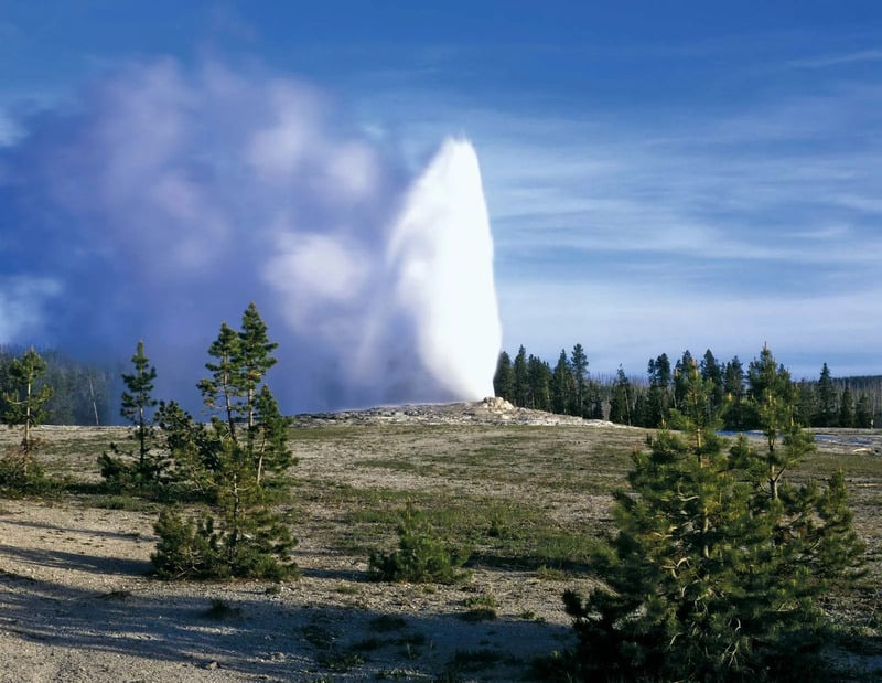 old faithful gyser on blue sky background