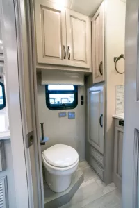 The 3736 includes a half-bath between the galley and bedroom.
