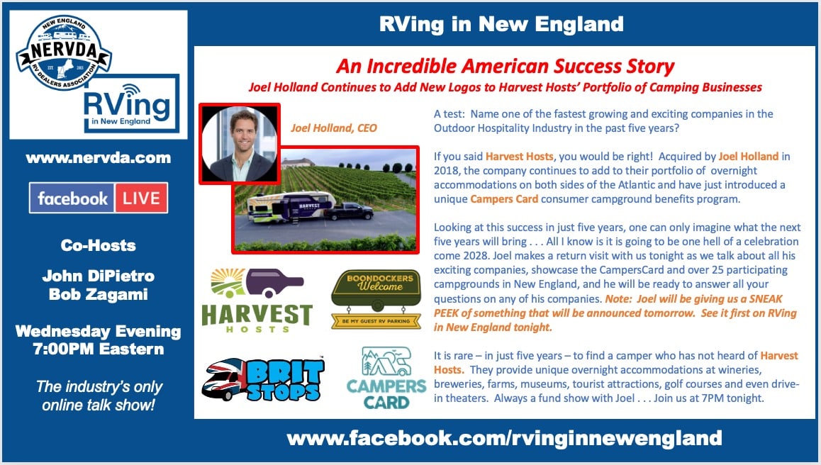 ‘RVing in New England’ to Feature Harvest Hosts CEO