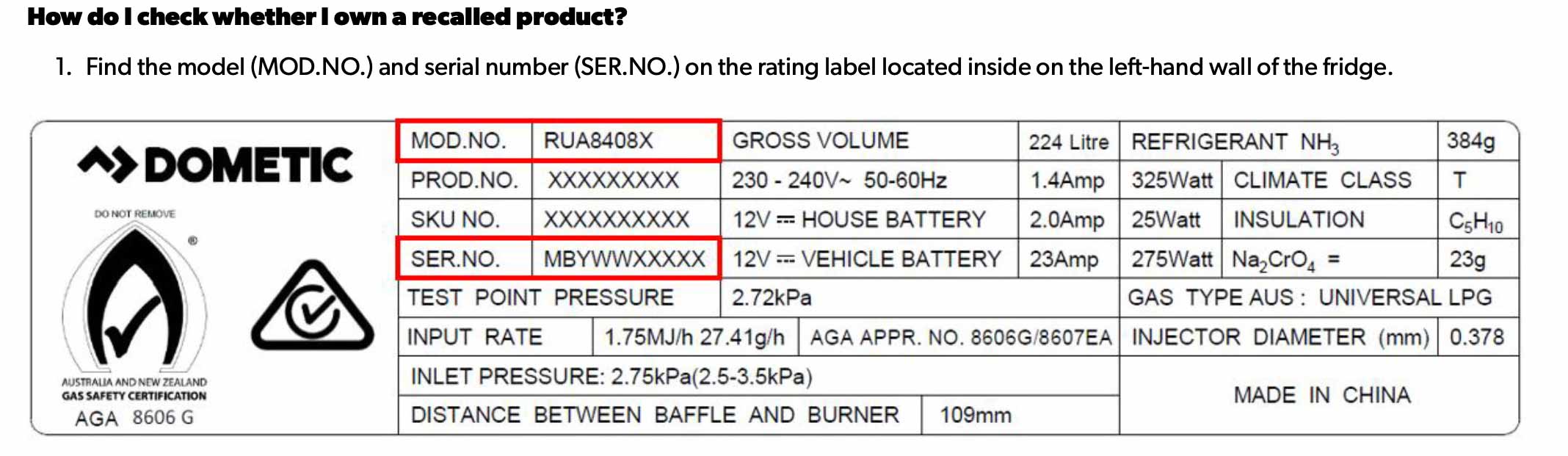Dometic Product Recall