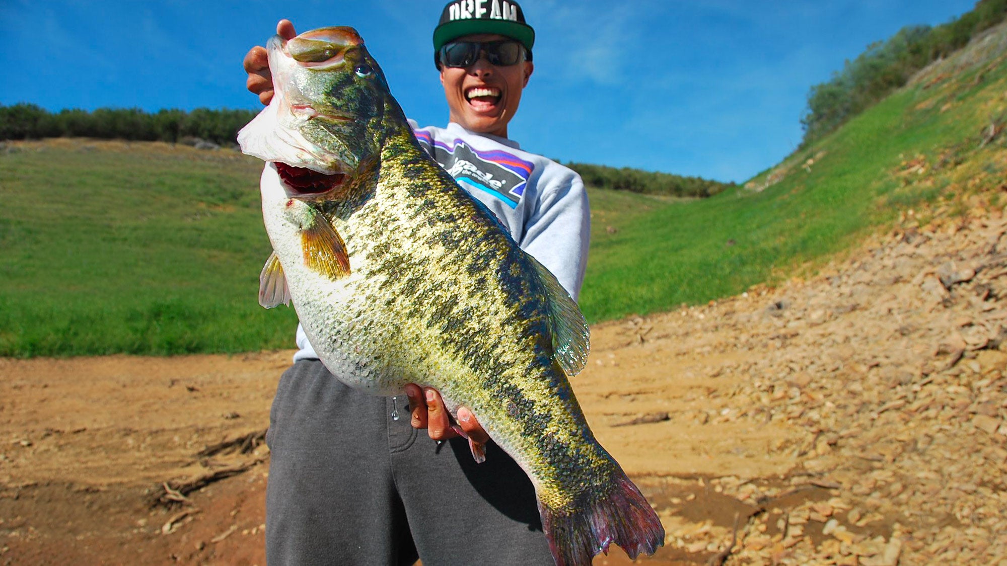 angler standing on bank holds huge largemouth bass up toward camera