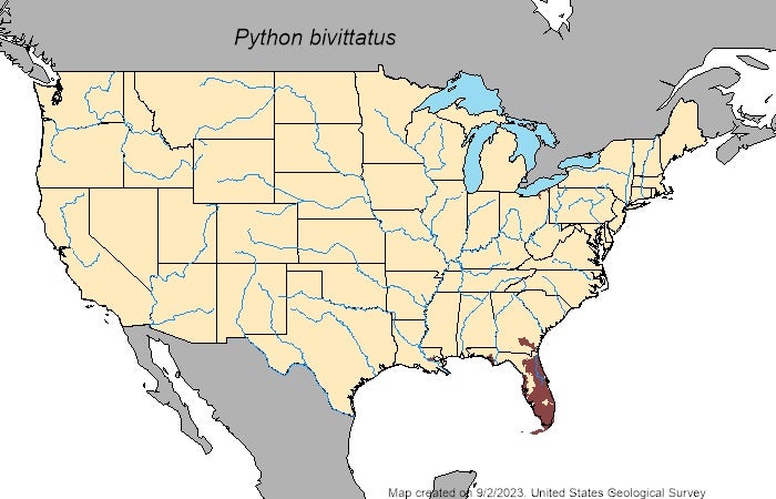 A 2023 map shows the range of Burmese pythons expanding north in Florida, as well as into neighboring Georgia.