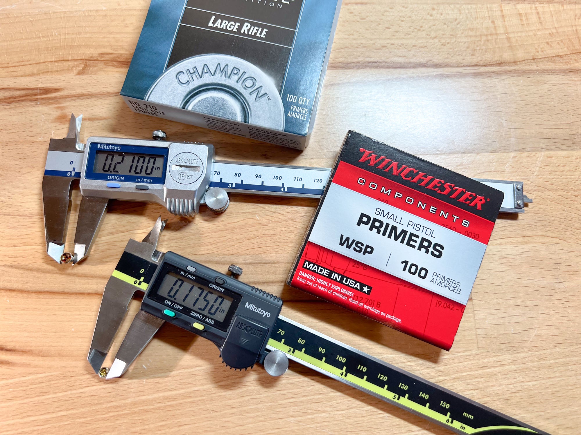 Small primers have a diameter of 0.175 inches while large primers measure 0.210 inches. 