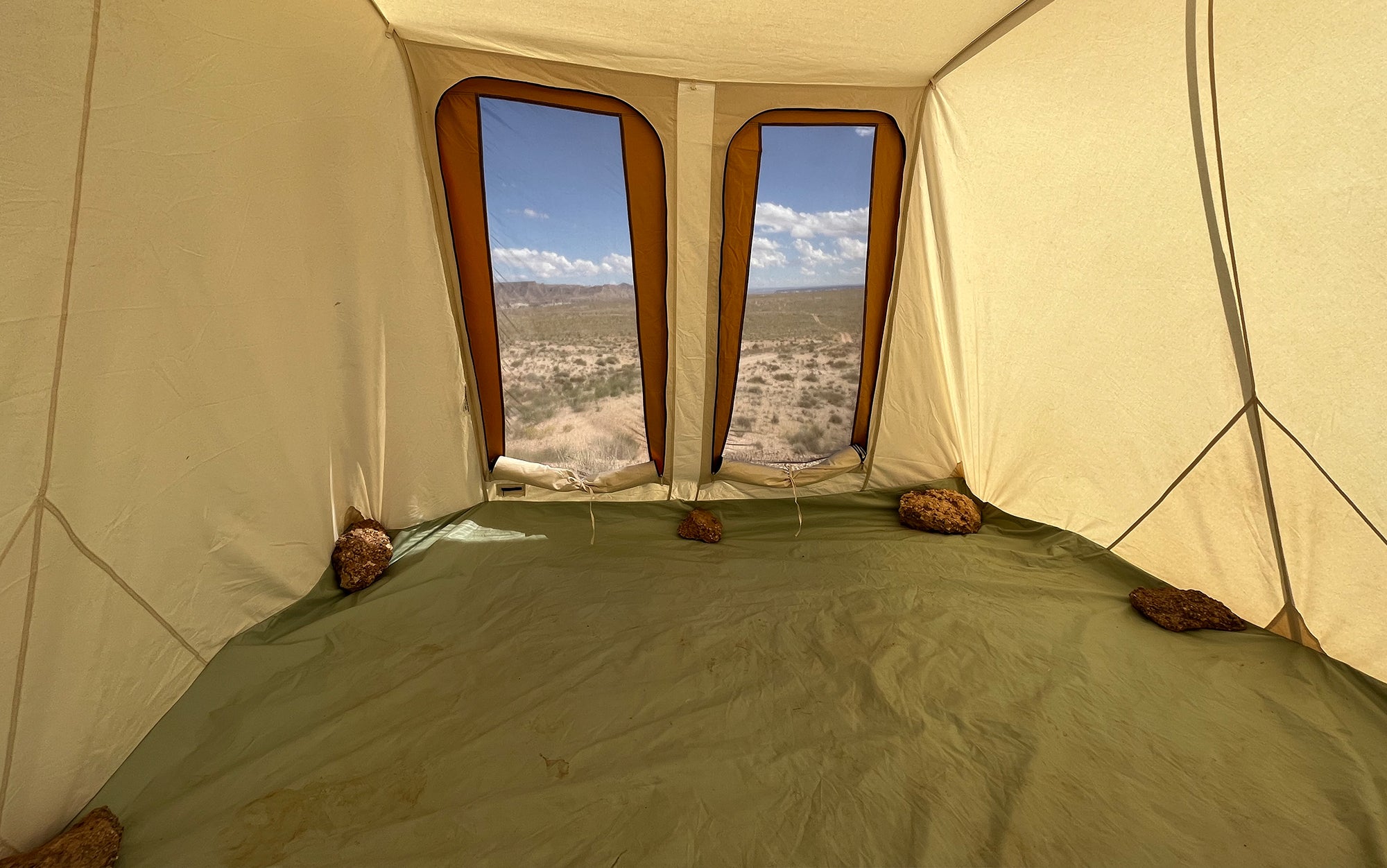 Large rocks sit inside the Traveler.