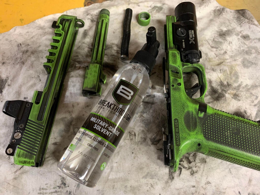 A eco-friendly option, non-toxic Breakthrough Military Grade Solvent is great for cleaning powder deposits from gun parts and reducing your exposure to harsh chemicals.