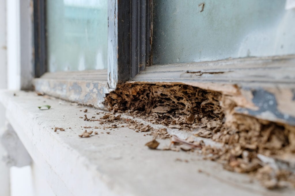 closeup of window with termites damage