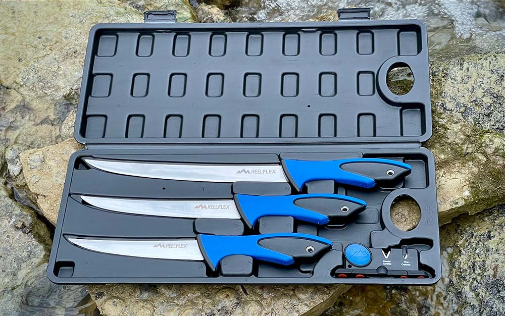 A box of three best fillet knives with blue handles