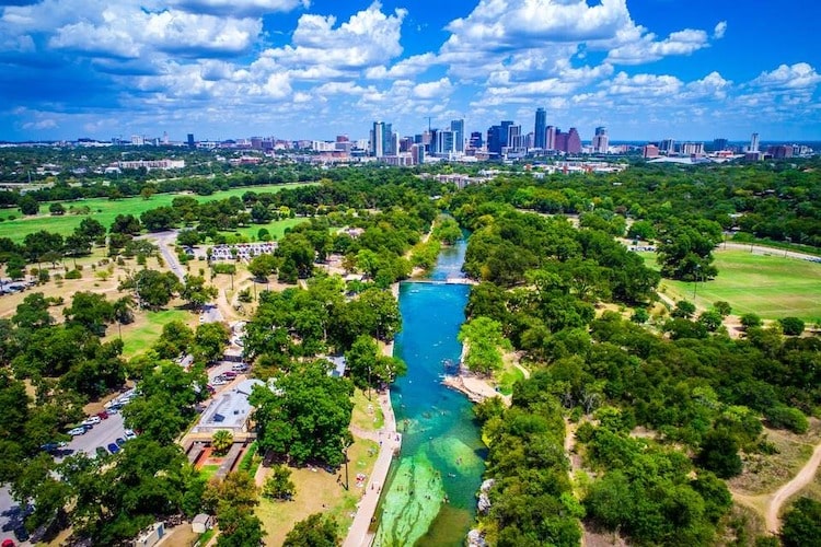 Arial shot of a Texas city and river - full-time RVing