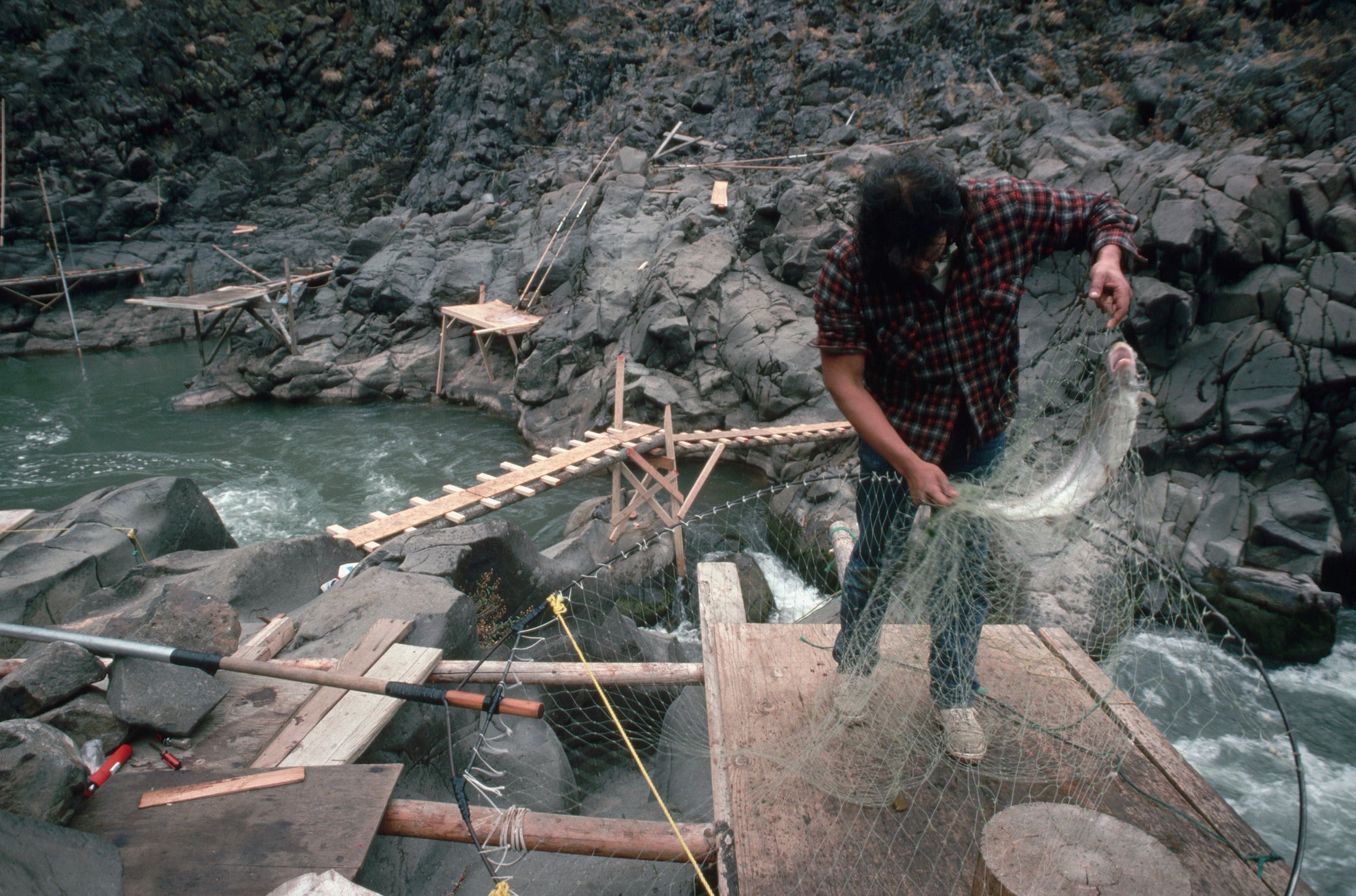 A tribal member of the Yakama Nation catches Chinook salmon using a dip net on a tributary of the Columbia. Many of these traditional fishing sites were buried by the reservoirs created by the dams. 