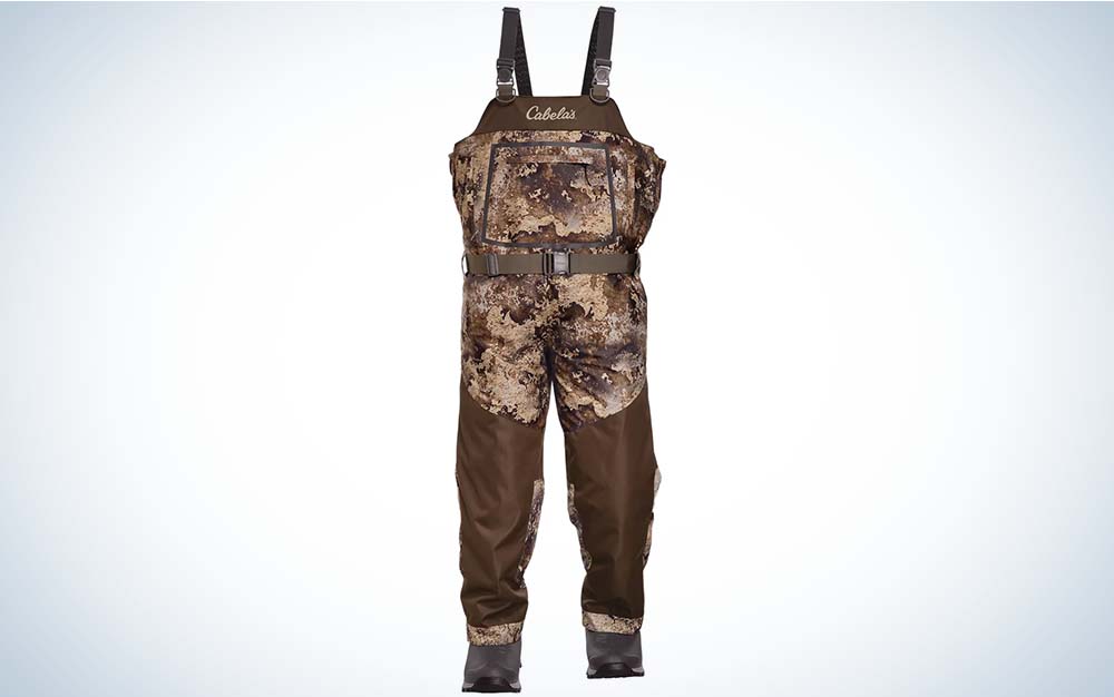 One of the best duck hunting waders in a dark camo with brown legs