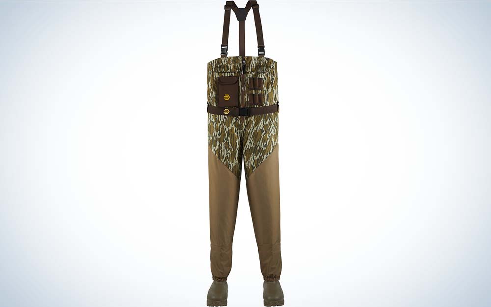 One of the best duck hunting waders with light green details and brown legs