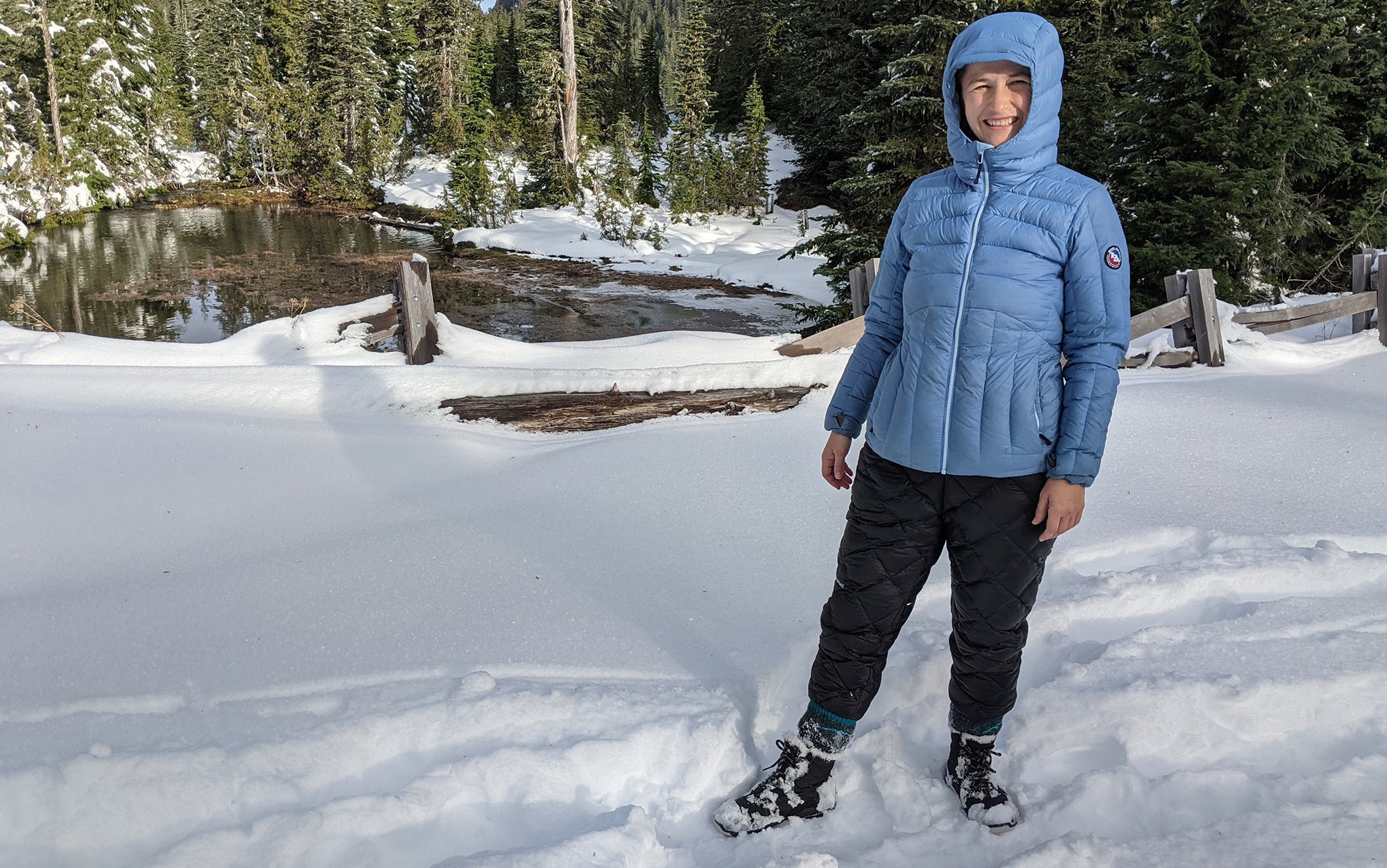 I appreciated how light these puffer pants were for backpacking, but they werenât quite warm enough to hang around camp on this particular winter adventure.