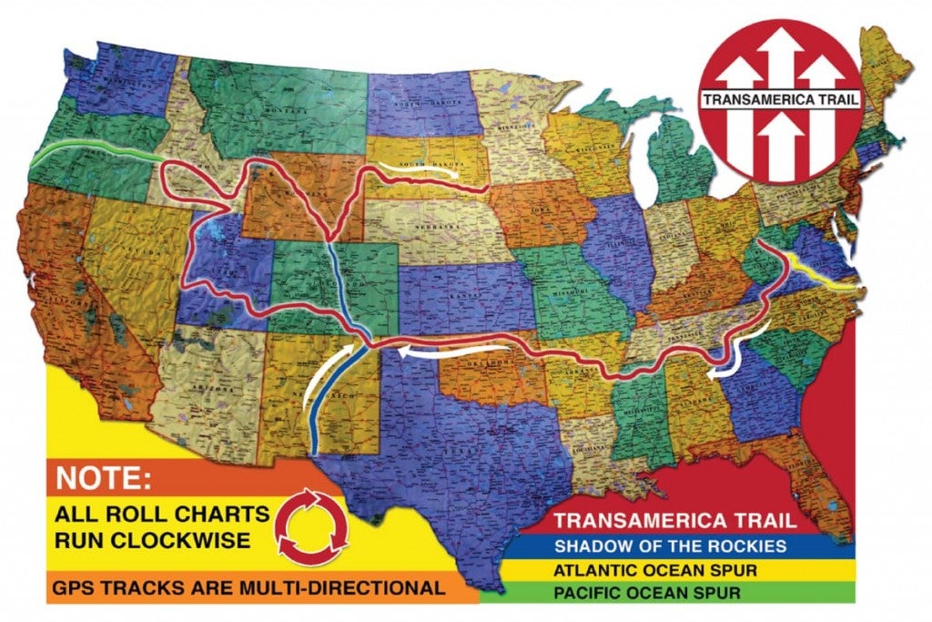 colorful map of the united states showing the route of the Trans-America Trail and 3 spur routes