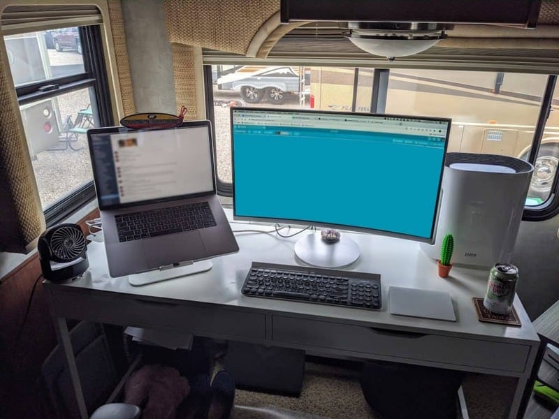 Office space with two computer monitors in an RV - internet for RVing
