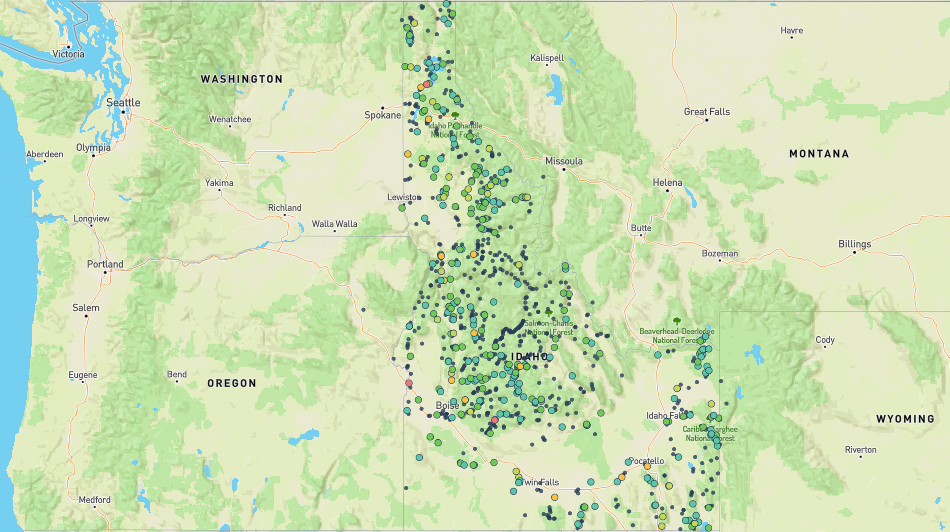 available campgrounds in idaho, mapped on the dyrt