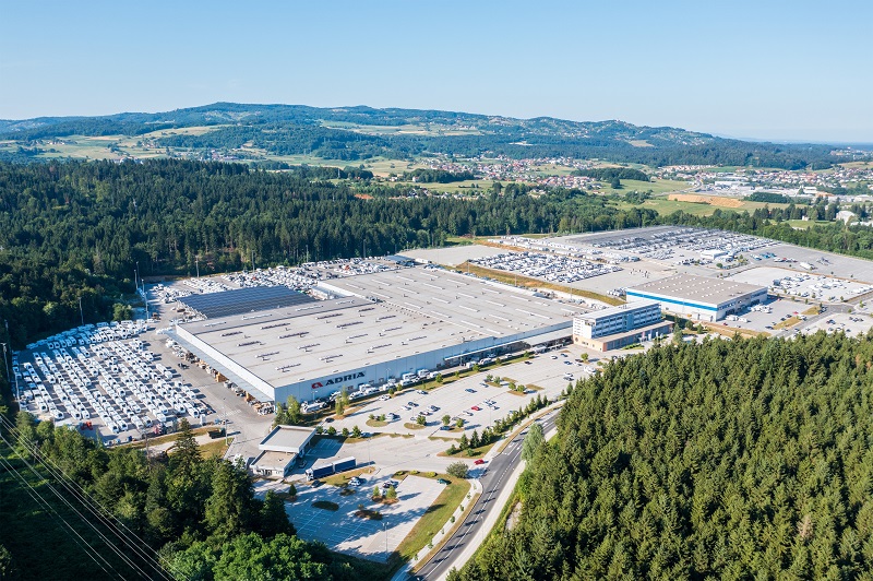 Drone view of the large Adria Motorhomes plant in Slovenia