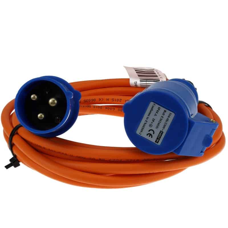 Blue European RV plug with 3 pins and an orange cord