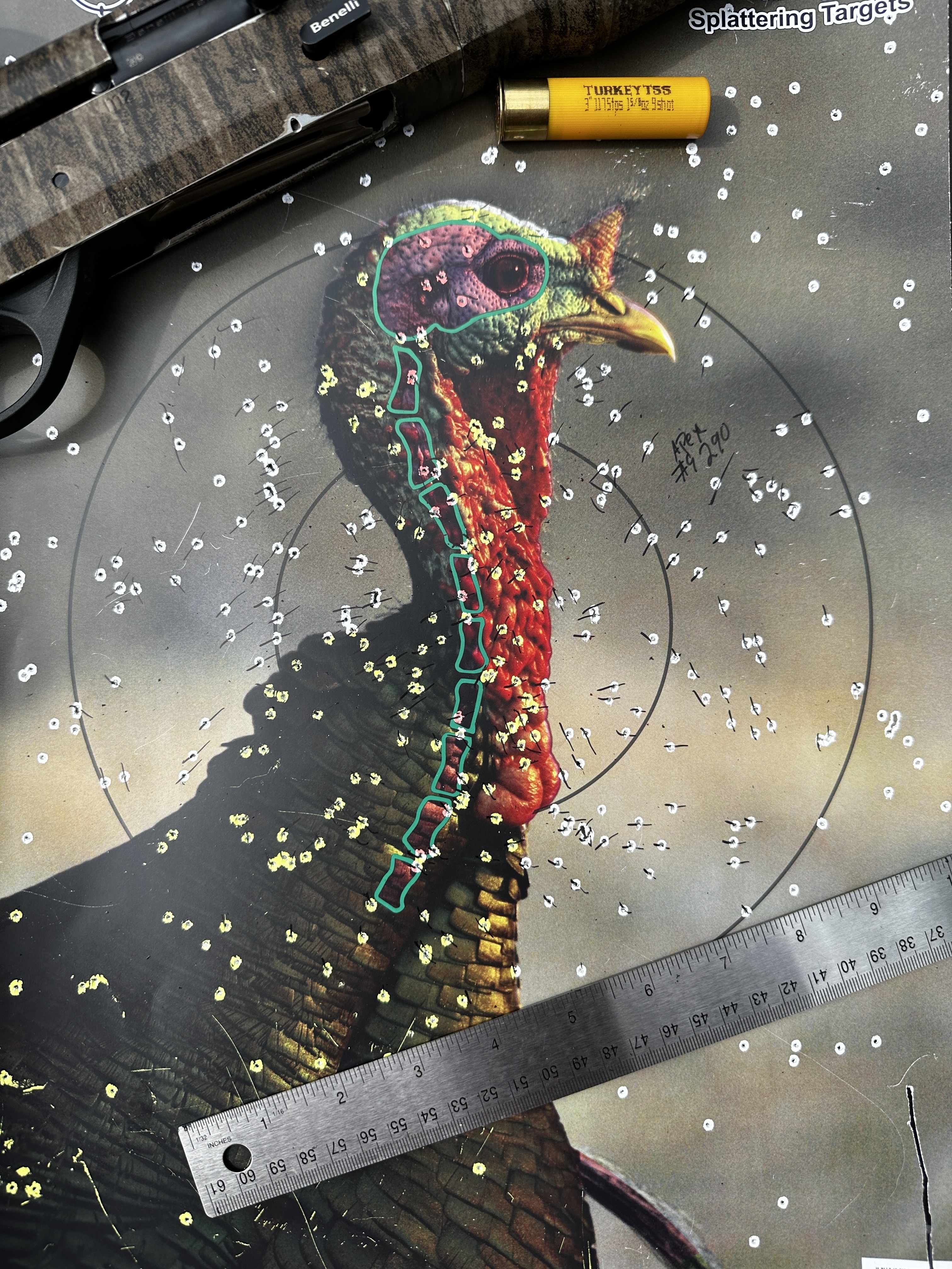 Shotgun sits on a patterned turkey target.