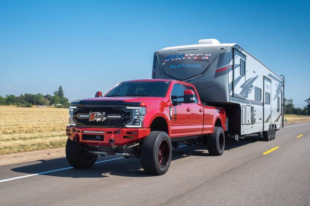 A truck towing a large fifth-wheel. Photo: Bruce Smith.