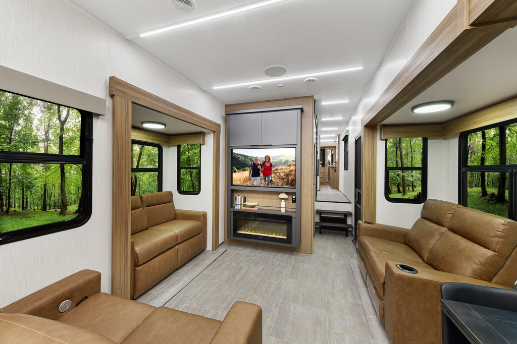 2024 Heartland RV Corterra 3.7 fifth wheel travel trailer - Living Room looking toward the front of the trailer.