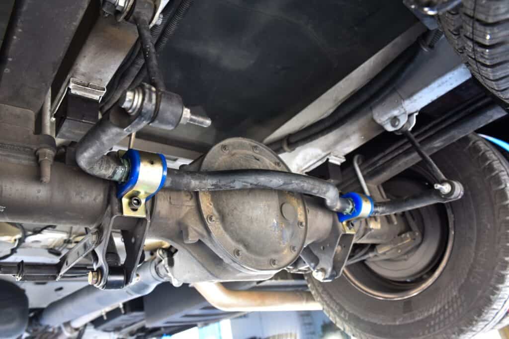 An RV sway bar on the underside of a Class C motorhome. Photo: Bruce Smith