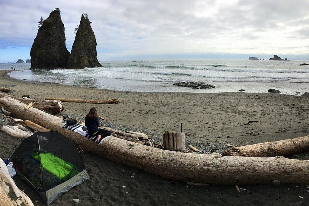 a tent and person behind a log on the beach in washington