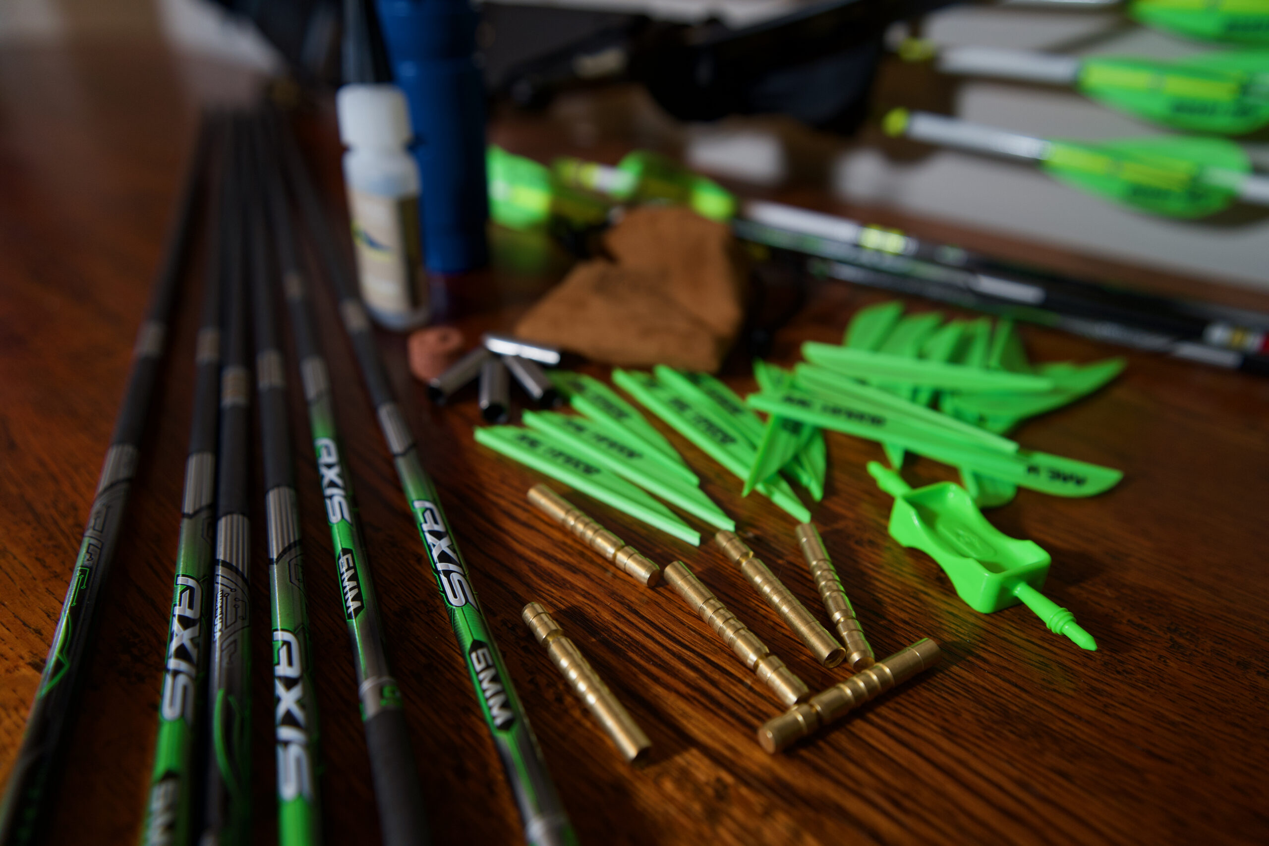 Axis shafts and components laid out on a table