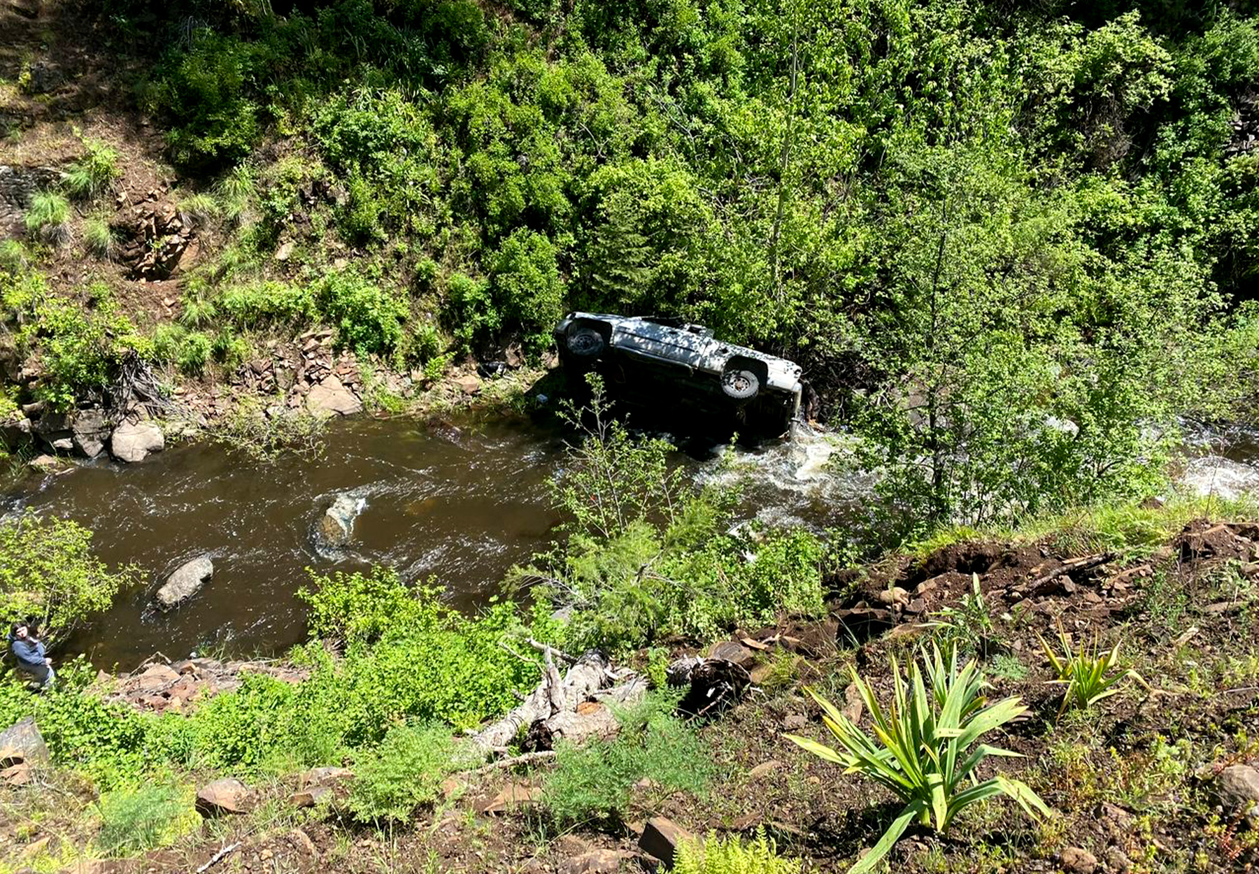 A truck that crashed into a ravine.