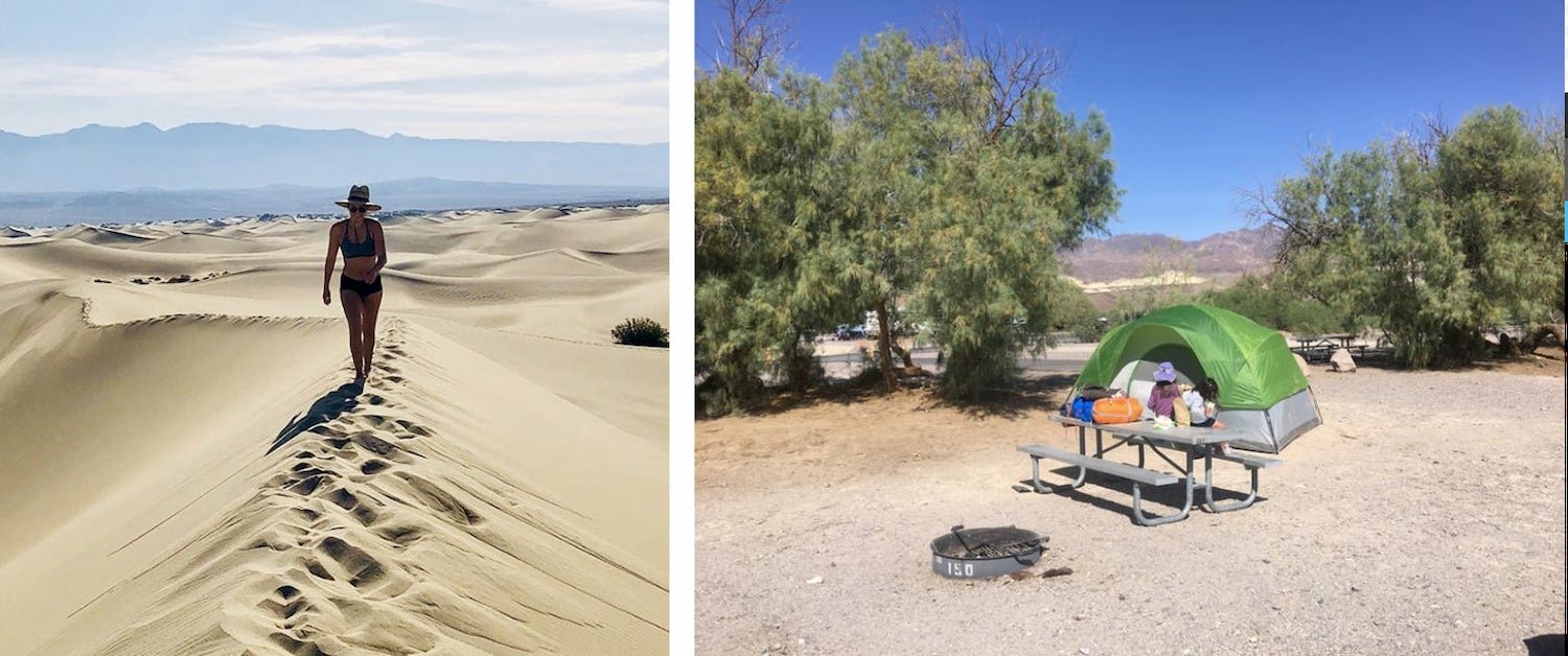 side by side of woman walking on dunes and tent at campsite