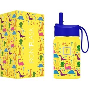 Yellow Iron Flask 10 oz kids water bottle with dinosaurs on it