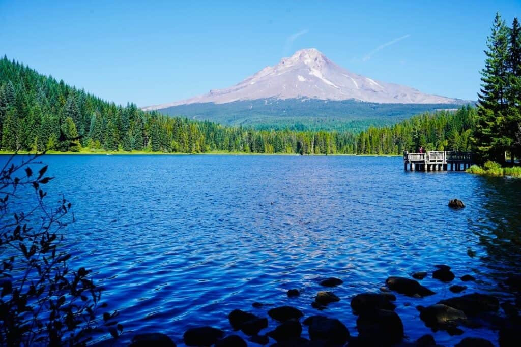 A beautiful blue lake features Mt. Hood rising in the distance, above a tree line.