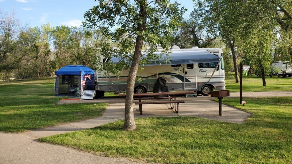 A motorhome in an RV site at Downstream Campground.