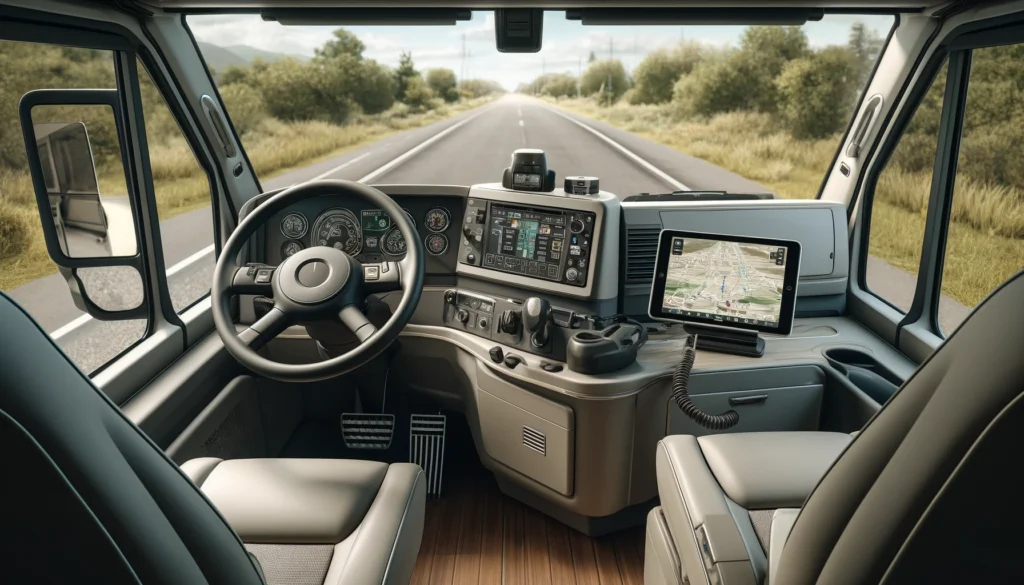 A.I. rendering of the cab of a Class A motorhome with a big screen RV GPS