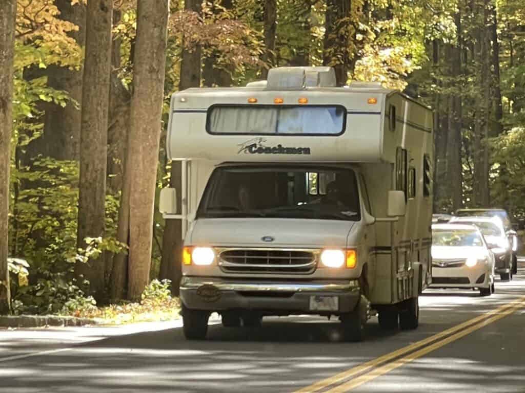 a class C motorhome approaching in the oncoming traffic