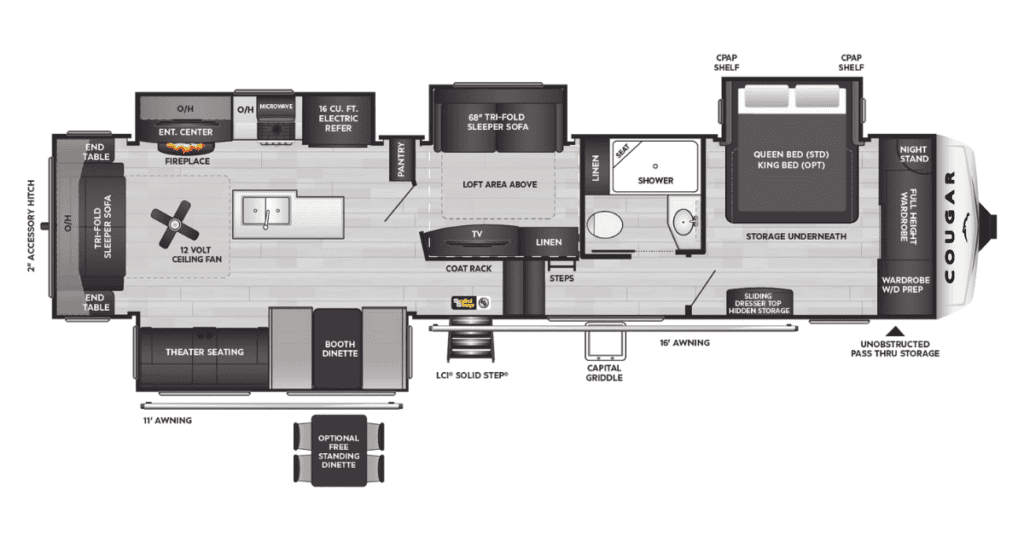 Keystone Cougar 368MBI floor plan shows a fifth-wheel with 2 bedrooms