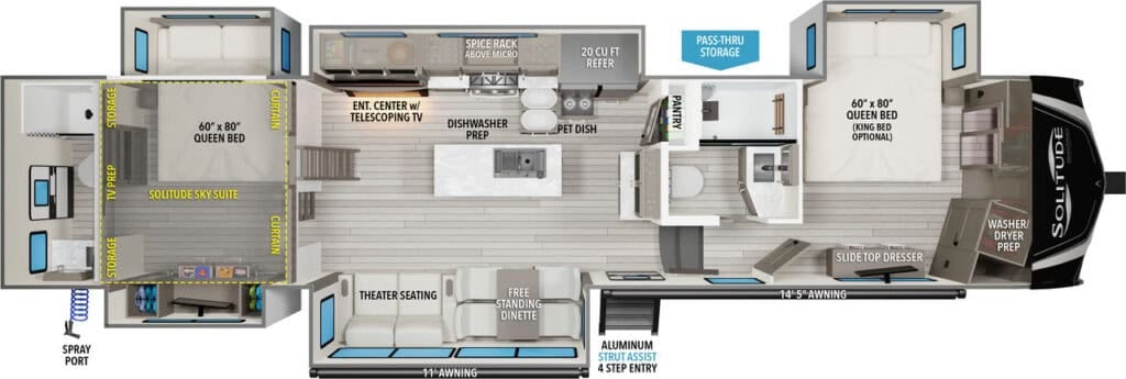 Floorplan of the Grand Design Solitude 391DL.