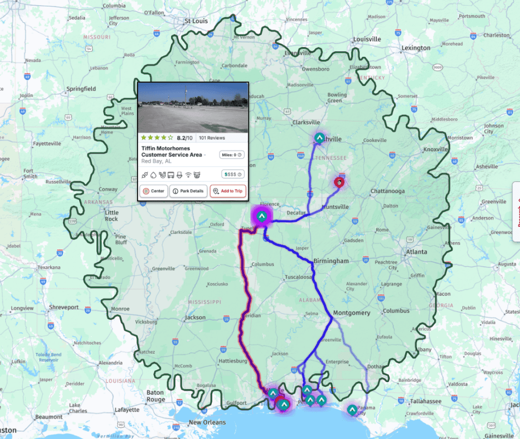 An RV LIFE Trip Wizard map showing campground distances from Red Bay, Alabama