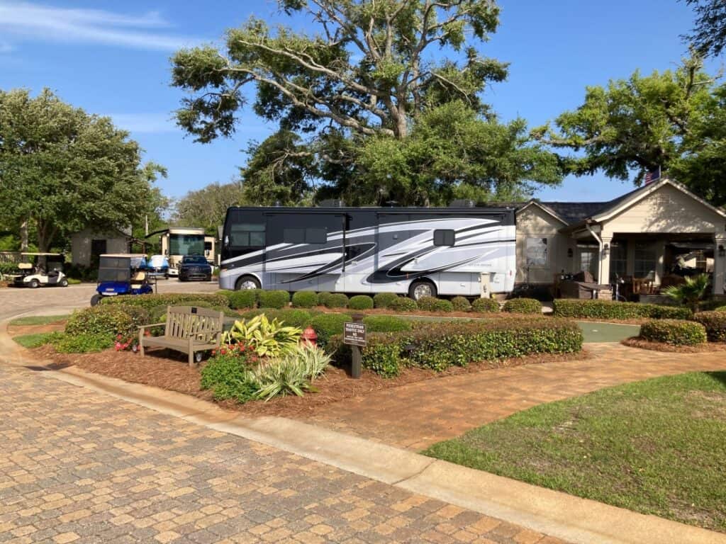 A Tiffin motorhome, built in Red Bay, Alabama, parked at a luxury site at Heritage Motorcoach Resort.