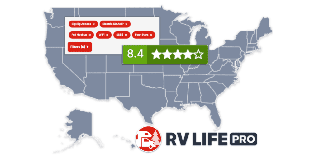 Map of US with campground filtering criteria.