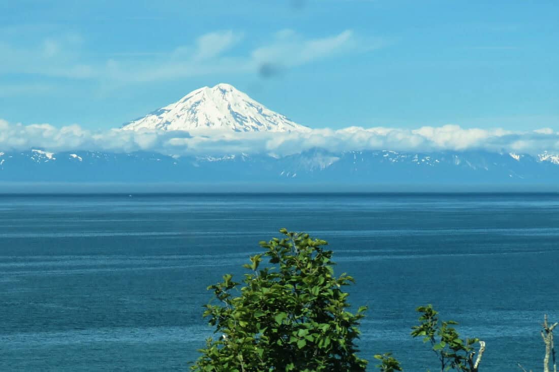 A mountain in the background of this Alaska camprgound.