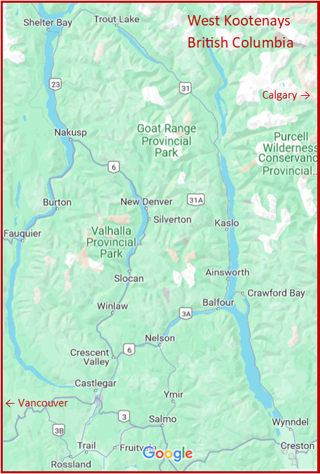 Map of the West Kootenays region, BC Canada