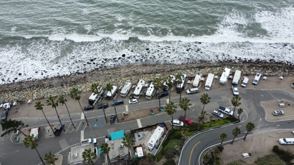 RVs parked at Faria Beach Campground, an oceanfront RV resort in Southern California.