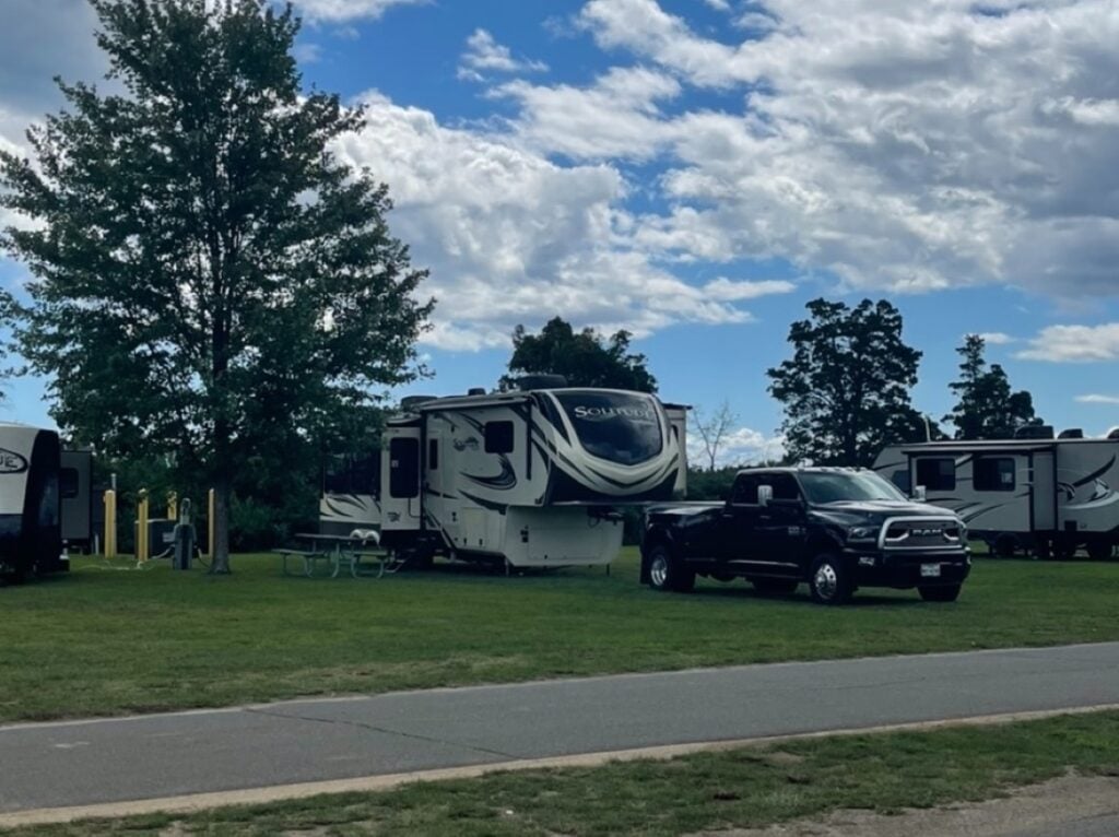 A truck and fifth-wheel at Hammonset Beach State Park.