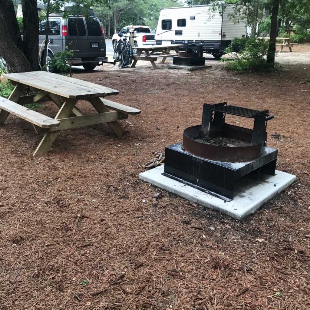 A picnic table and fire ring at an oceanfront RV resort in Henlopen State Park.